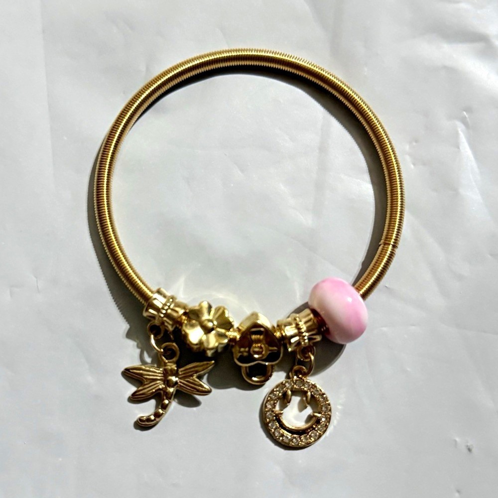 Gold Tone Bangle Charm Bracelet w/ Pink Bead & Dangle Charms